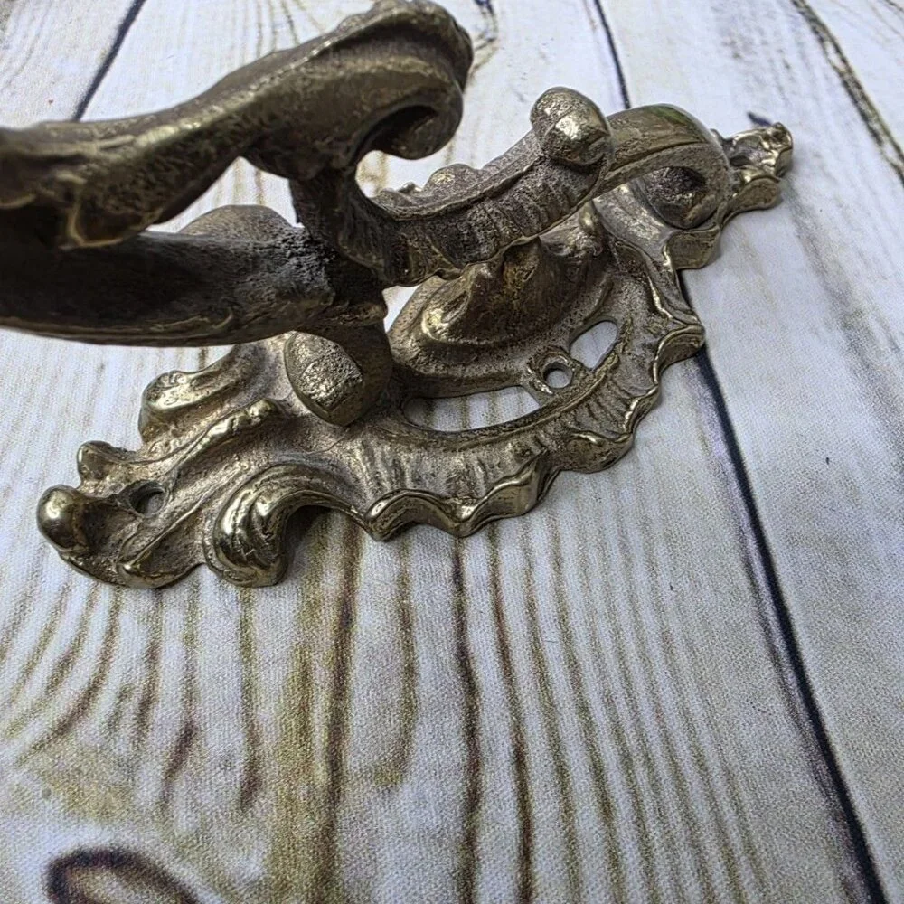 Large Vintage Fancy Cast Iron Brass Gold Paint Coat Hook, 5 1/2” x 4 1/2 Inches